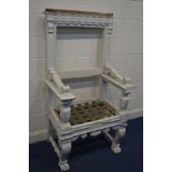 A DISTRESSED LATE VICTORIAN PAINTED PINE THRONE ARMCHAIR, width 86cm x depth 63cm x height 158cm