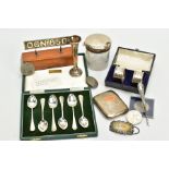 A BOX OF SILVER ITEMS, to include a cased set of two, engine turn designed napkin rings with