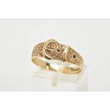 A 9CT GOLD BUCKLE RING, with scroll engraved detailing set with two circular cut sapphires,