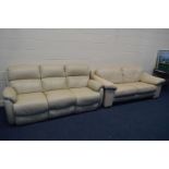 TWO CREAM LEATHER THREE SEATER SETTEE'S including one reclining settee (sd)