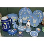 A COLLECTION OF PALE BLUE AND DARK BLUE WEDGWOOD JASPERWARE, etc, including an octagonal tea light