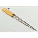 AN IVORY HANDLED SCOTTISH DIRK, plain polished tapered blade, approximately 9.6 inches, fitted to