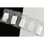 FIVE 100G SILVER BARS, each signed 'Umicore 100g Feinsilber 999' individually wrapped within a