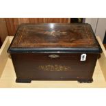 A LATE 19TH CENTURY ROSEWOOD EBONSIED INLAIND AND STAINED CYLINDER MUSIC BOX, the hinged lid with