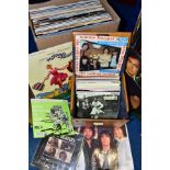 A BOX OF 50+ LP'S AND A CASE OF SINGLES RECORDS, to include Monty Pythons Flying Circus, Steel Eye