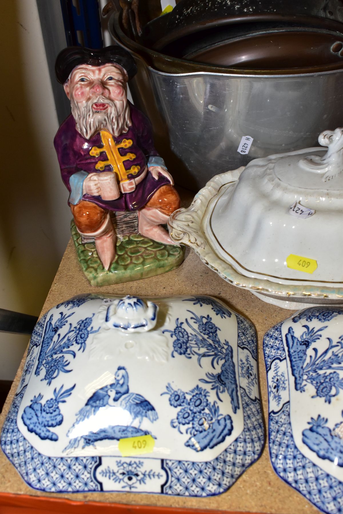 A GROUP OF CERAMICS AND METALWARES, including tall enamelled jugs, a Victorian copper warming pan, - Image 2 of 5