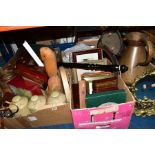 THREE BOXES AND LOOSE SUNDRY ITEMS to include brass saucepans and candlesticks, large copper