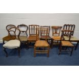 NINE VARIOUS CHAIRS OF VARIOUS AGES, WOODS AND STYLES, including two country oak/elm chairs