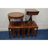 A PAIR OF SQUARE MODERN MAHOGANY OCCASIONAL TABLES, each table with two circular fold out tables,