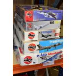 FIVE BOXED UNBUILT AIRFIX PLASTIC CONSTRUCTION KITS, all are military aircraft including 1/24