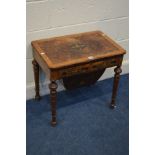 A LATE VICTORIAN BURR WALNUT, AMBOYNA AND MARQUETRY INLAID WORK TABLE, with two drawers, on turned