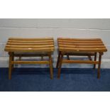 A PAIR OF GOLDEN OAK SLATTED STOOLS on cylindrical legs