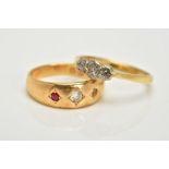 TWO 18CT GOLD GEM SET RINGS, to include a three stone single cut diamond ring, tapered shoulders,