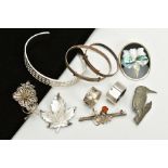 A SELECTION OF WHITE METAL ITEMS, to include a bangle with square detailing all round stamped 925,
