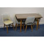 A MID TO LATE 20TH CENTURY FORMICA TOPPED RECTANGULAR KITCHEN TABLE, on beech legs, length 122cm x