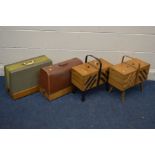 TWO BEECH CANTILEVER SEWING BOXES (one leg missing) together with two vintage sewing machines
