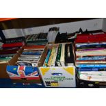 FIVE BOXES OF MOTOR CAR/RACING CAR RELATED BOOKS AND WORKSHOP MANUALS AND A BOX OF SCALEXTRIC (NO