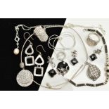 A COLLECTION OF WHITE METAL ASSORTED JEWELLERY ITEMS, to include a large cubic zirconia dress