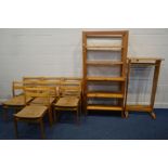 A SET OF SEVEN BEECH RUSH SEATED CHAIRS (one sd), two modern pine open bookcases, and three pine