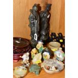 A GROUP OF ORIENTAL HARDSTONE CRAVINGS, CERAMICS, 20th century enamel snuff bottles, etc, two wooden