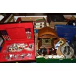 THREE BOXES OF BOOKS, METALWARES, CERAMICS, OAK CASED MANTEL CLOCK, etc, including two canteens