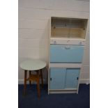 A VINTAGE BLUE AND WHITE PAINTED KITCHEN UNIT/CABINET, width 76cm x depth 42cm x height 180cm,