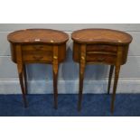 A PAIR OF 20TH CENTURY FRENCH STYLE MAHOGANY, KINGWOOD AND INLAID KIDNEY TABLES, with two drawers,