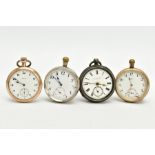 FOUR OPEN FACED POCKET WATCHES, to include a gold plated 'Waltham' with a white dial signed 'Waltham
