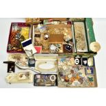 A BOX OF MOSTLY COSTUME JEWELLERY, to include pieces such as a silver baby rattle in the form of a