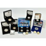 A BOX OF CASED COINS to include a 2003 United Kingdom silver proof patter collection, a Darwin