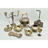 A GROUP OF SILVER PLATE, to include a mid-Victorian three piece tea set including a teapot, sugar