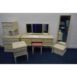 A MODERN CREAM BEDROOM SUITE, comprising a dressing table with a triple mirror, stool, chest of four