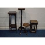 AN EDWARDIAN MAHOGANY AND CROSS BANDED SQUARE TOPPED TORCHERE STAND, together with an oak barley