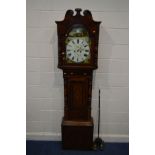 AN EARLY VICTORIAN MAHOGANY, OAK AND MAHOGANY EIGHT DAY LONGCASE CLOCK, the hood with a swan neck