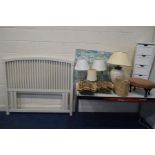 A QUANTITY OF MISCELLANEOUS/FURNITURE, to include a large cream pottery table lamp, three table