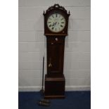 A 19TH CENTURY FLAME MAHOGANY EIGHT DAY LONGCASE CLOCK, the hood with a circular glass door