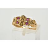 A LATE VICTORIAN 15CT GOLD SPINEL AND PEARL RING, designed with a central row of seed pearls flanked