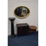 A MODERN OVAL FOLIATE GILT BEVELLED EDGE WALL MIRROR (sd) together with a mahogany ladies bureau