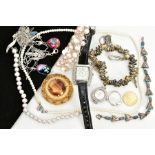 A SELECTION OF COSTUME JEWELLERY, to include a handmade wrapped wire and cultured pearl bracelet,
