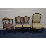 AN EDWARDIAN MAHOGANY AND INLAID CORNER CHAIR, together with a pair of Edwardian chairs and a