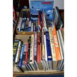 TWO BOXES OF BOOKS, DVD'S AND VHS CASSETTES, including Cunard Liner interest, Titanic Ocean