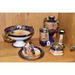 A GROUP OF NORITAKE 'DESERT' SCENED ITEMS, two twin handled vases, height 14cm and pedestal vase,