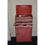 A TWO PIECE METAL TOOL CHEST CONTAINING TOOLS, chests comprise of a top box with lidded top and