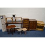 A QUANTITY OF OCCASIONAL FURNITURE, to include two yewwood hi fi cabinets, mahogany and glass hall