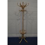 A MODERN BEECH BENTWOOD STYLE HAT/COAT STAND, with label reading TON, Chech Republic, height 193cm