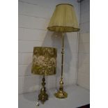 AN ELABORATE BRASS TABLE LAMP with a cylindrical Morris & Co style shade together with a brass