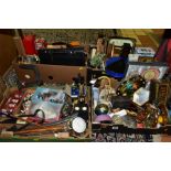 FOUR BOXES OF COLLECTABLES, METALWARES, tins, buttons, back scratchers, shoe horns, an alarm