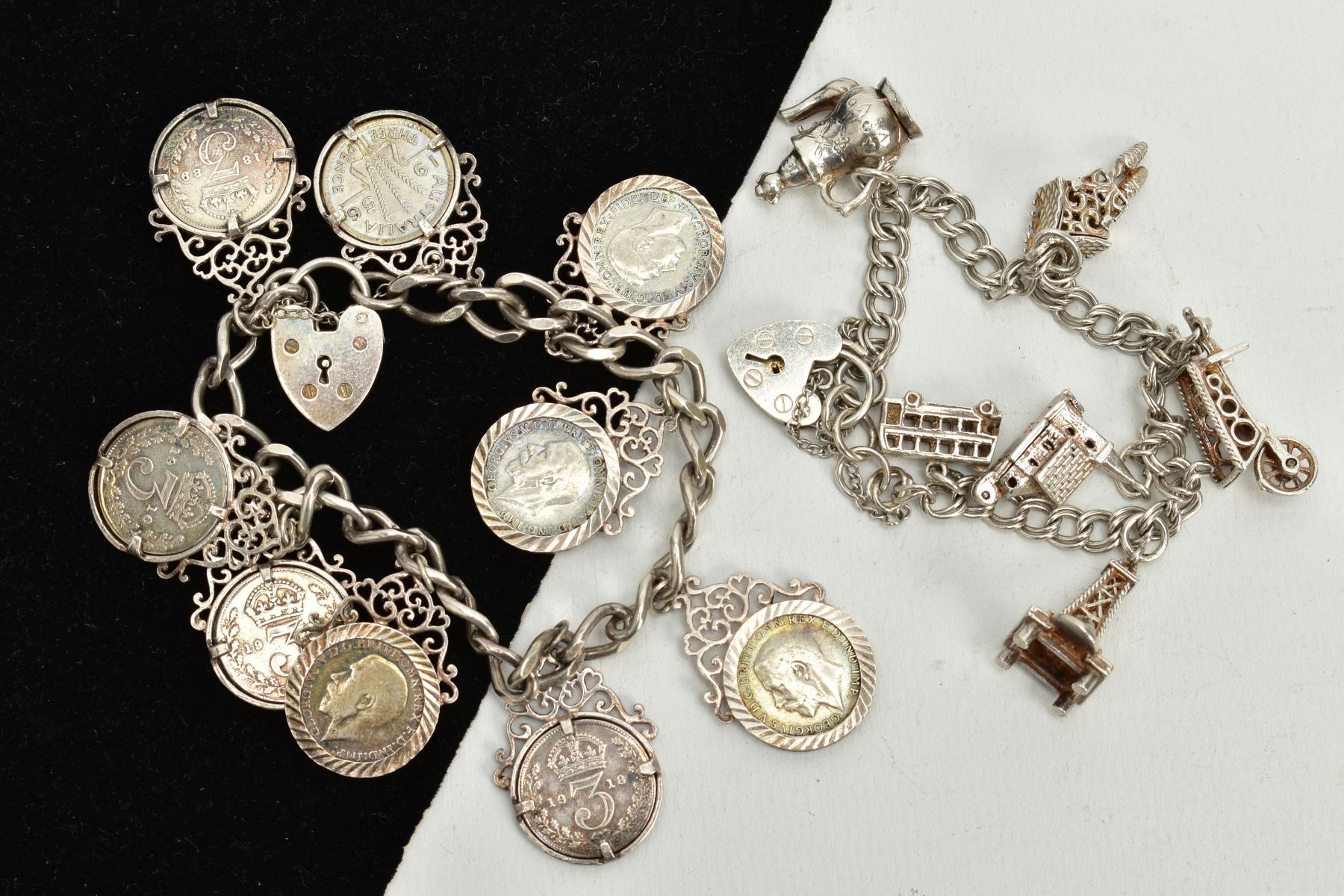 TWO SILVER CHARM BRACELETS, the first suspending nine three pence coins, all within a collet mount