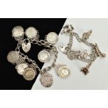 TWO SILVER CHARM BRACELETS, the first suspending nine three pence coins, all within a collet mount
