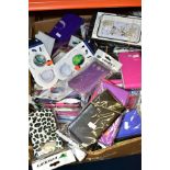 A BOX OF MOBILE PHONE CASES, in sealed packaging, various sizes, colours and designs, together